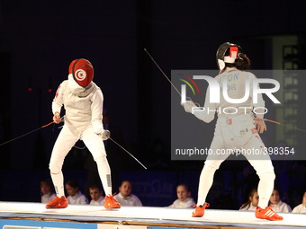 Gdansk, Poland 17th, Jan. 2015 Artus Court 2015 fencing cup in Gdansk. First semi final game. Jeon Hee Sook (Korea) fights against Ines Boub...