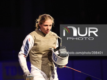 Gdansk, Poland 17th, Jan. 2015 Artus Court 2015 fencing cup in Gdansk. Astrid Guyart wins  second semi final game. Astrid Guyart  (France) f...