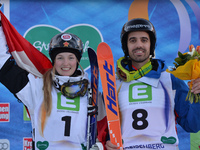 Justine Dufour-Lapointe from Canada (Ladies' Winner) and Anthony Benna from France (Men's Winner), Moguls Final, at FIS Freestyle World Cham...