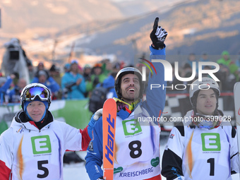 (L-R) Mikael Kingsbury (CAN), Anthony Benna (FRA) and Alexandr Smyshlyaev (RUS), Men's Moguls Final, at FIS Freestyle World Championship in...