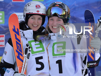 Sisters Maxime Dufour-Lapointe (Left) and Justine Dufour-Lapointe from Canada celebrates Justine's GOLD in Ladies' Moguls Final, at FIS Free...