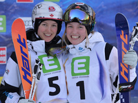 Sisters Maxime Dufour-Lapointe (Left) and Justine Dufour-Lapointe from Canada celebrates Justine's GOLD in Ladies' Moguls Final, at FIS Free...