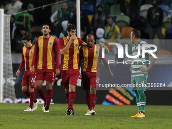Rio Ave's forward Yonathan Del Valle  (2nd L) celebrates his goal with his teammates during the Portuguese League  football match between Sp...