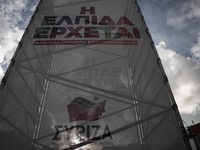 A pre-election banner of the main opposition party of SYRIZA, reading 