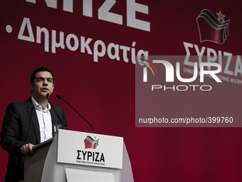 Alexis Tsipras, leader of the main opposition party of SYRIZA, giving a speech during the party's congress in Athens on January 3, 2015. (