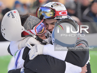 Canadian Trio: Marc-Antoine Gagnon, Philippe Marquis and Mikael Kingsbury, celebrate their Medals in Dual Moduls Final at FIS Freestyle Worl...