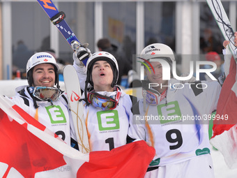 Canadian Trio: Philippe Marquis, Mikael Kingsbury and Marc-Antoine Gagnon celebrate their Medals in Dual Moduls Final at FIS Freestyle World...