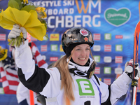 Justine Dufour-Lapointe from Canada takes Silver in Ladies' Dual Moguls podium at FIS Freestyle World SKI Championship 2015 in Kreischberg,...