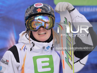 (L-R) Justine Dufour-Lapointe from Canada awaits for results of the final against US' Hannah Kearney, in Ladies' Dual Moguls, at FIS Freesty...