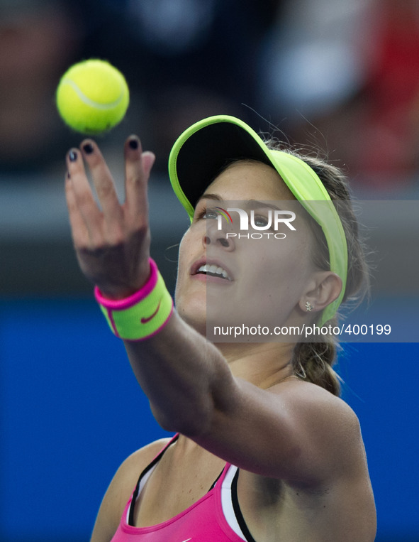 MELBOURNE, Jan. 19, 2015 () -- Eugenie Bouchard of Canada serves the ball during the women's singles first round match against Anna-Lena Fri...