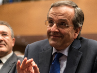 Prime Minister Antonis Samaras speaking at the Athens Chamber of Commerce and Industry in Athens, on January 19, 2015. (