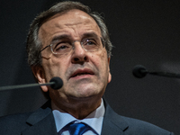 Prime Minister Antonis Samaras speaking at the Athens Chamber of Commerce and Industry in Athens, on January 19, 2015. (