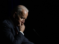 Joe Biden delivers the keynote speech at the First State Democratic Dinner at the Rollins Center in Dover, DE on March 16, 2019. (Photo by B...