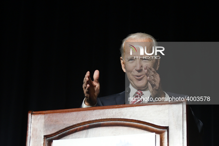 Joe Biden delivers the keynote speech at the First State Democratic Dinner at the Rollins Center in Dover, DE on March 16, 2019. (Photo by B...