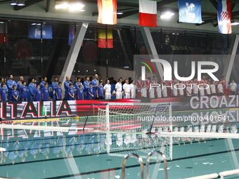 The Croatia team and the Italia team before the World League of water polo match Italia vs Croazia  on January 20, 2015 at Palazzo del Nuoto...