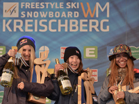 (L-R) Anna Gasser (AUT), Miyabi Onitsuka (JAP) and Klaudia Medlova (SVK), Ladies' Snowboard Slopestyle podium, at FIS Freestyle World Ski Ch...