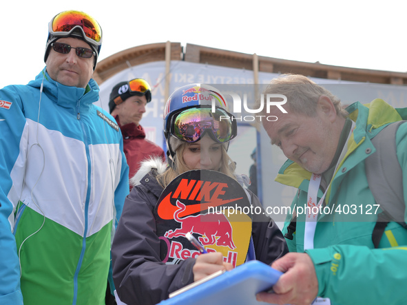 Anna Gasser from Austria signes autographs after she takes Silver in Ladies's Snowboard Slopestyle, at the FIS Snowboard World Championship...