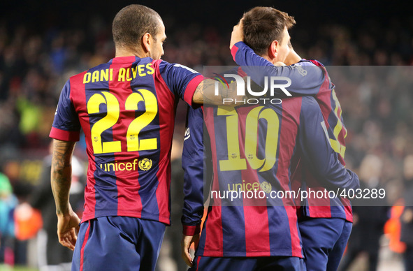 BARCELONA -21 january- SPAIN: Leo Messi, Neymar Jr. and Dani Alves celebration in the match between FC Barcelona and Atletico Madrid, for th...