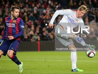 BARCELONA -21 january- SPAIN: Jordi Alba and Fernando Torres in the match between FC Barcelona and Atletico Madrid, for the first leg of the...