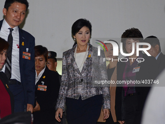 Former Thai Prime Minister, Yingluck Shinawatra (C) after the final impeachment hearing at Parliament in Bangkok, Thailand on January 22, 20...