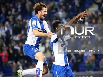 BARCELONA - january 22- SPAIN: Victor Alvarez and Felipe Caicedo celebration during the match between RCD Espanyol and Sevilla FC, for the f...