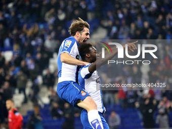 BARCELONA - january 22- SPAIN: Victor Alvarez and Felipe Caicedo celebration during the match between RCD Espanyol and Sevilla FC, for the f...