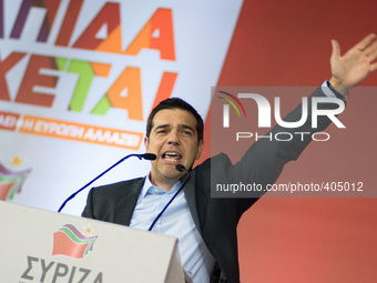 Leader of the radical leftist Syriza Party Alexis Tsipras gives a speech during a public meeting as a part of election campaign for general...