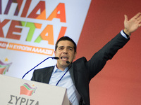 Leader of the radical leftist Syriza Party Alexis Tsipras gives a speech during a public meeting as a part of election campaign for general...