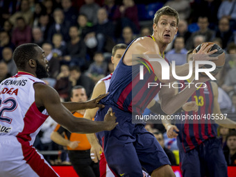Barcelona, Catalonia, Spain. January 23, 2015 Justin Doellman of Barcelona and Charles Jenkins of Belgrade in action during the 2014-2015 Tu...