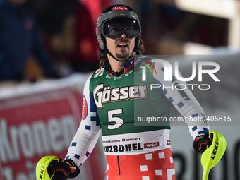 Czech Republic's Ondrej Bank, awaits for his score, after raceing down the famous Hahnenkamm course during the men's Alpine Combined - Slalo...