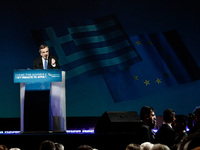 Greek PM, Antonis Samaras, gives his main pre-election speech in Taekwondo stadium in Athens on January 23, 2015. (