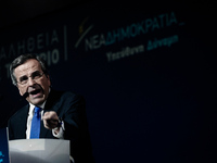 Greek PM, Antonis Samaras, gives his main pre-election speech in Taekwondo stadium in Athens on January 23, 2015. Samaras warns Greeks must...