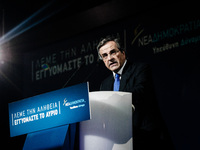 Greek PM, Antonis Samaras, gives his main pre-election speech in Taekwondo stadium in Athens on January 23, 2015. Samaras warns Greeks must...