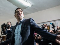 Opposition leader Alexis Tsipras voting on January 25, 2015 in Kipseli - Athens, (