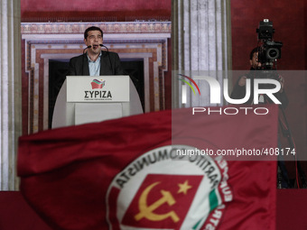Alexis Tsipras, Syriza leader, gives his victory speech in front  of supporters in Athens, January 25, 2015.? (