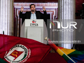 Alexis Tsipras, Syriza leader, gives his victory speech in front  of supporters in Athens, January 25, 2015. (