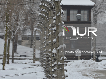A view of the tower and fences in the former Auschwitz 1 Camp, ahead of the 70th Anniversary of the Camp Liberation. Oświęcim, Poland. 26 Ja...