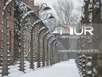 A view of electrical fences and Stop sign, at the Auschwitz I camp. Oświęcim, Poland. 26 January 2015. Picture by: Artur Widak/NurPhoto (