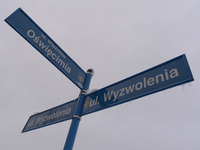 Street's sign with the name of the streets in Oświęcim (German: Auschwitz): Liberation Avenue and Auschwitz prisoners Avenue.
Oświęcim, Pola...
