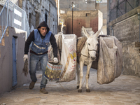 A municipal worker and donkey team clean the narrow streets of Mardin, a historic city in Southeastern Turkey, much of which dates back to t...