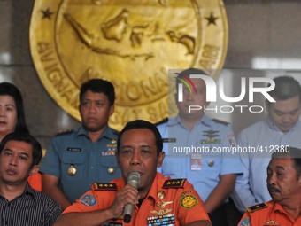 JAKARTA, INDONESIA - January 28 : FHB Soelistyo, Head of the National Search and Rescue gestures during a press conference as he explain the...