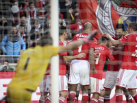 Benfica's defender Maxi Pereira (3rd R) celebrates  with team mates after scoring a goal during the Portuguese League  football match betwee...