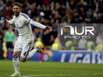 Real Madrid's Spanish Defender Sergio Ramos celebrates a goal during the Spanish League 2014/15 match between Real Madrid and Real Sociedad,...