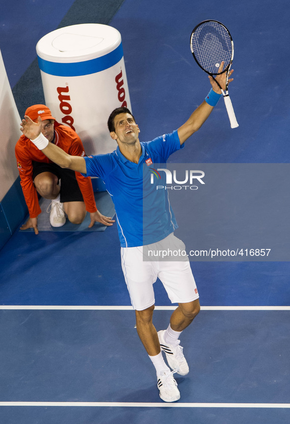 MELBOURNE, Feb. 1, 2015 () -- Novak Djokovic of Serbia celebrates his victory after the men's singles final match against Andy Murray of Gre...