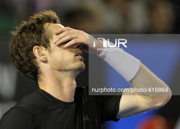 MELBOURNE, Feb. 1, 2015 () -- Andy Murray of Great Britain reacts during his men's singles final match against Novak Djokovic of Serbia at 2...