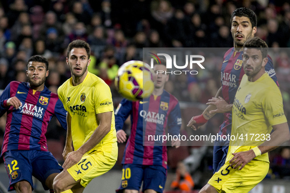 Barcelona, Catalonia, Spain. Fabruary 1, 2015 Rafinha, Messi and Luis Suarez of Barcelona and Victor Ruiz and Musacchio of Villarreal in act...