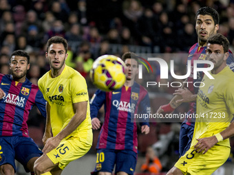 Barcelona, Catalonia, Spain. Fabruary 1, 2015 Rafinha, Messi and Luis Suarez of Barcelona and Victor Ruiz and Musacchio of Villarreal in act...