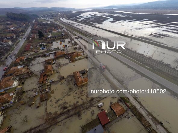 A pictures taken via drone shows flooded and destroyed streets and homes in the town of Dalgopol, north-east of the Bulgarian capital Sofia,...
