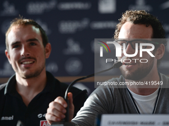 Mark Cavendish (Right) from UK/ETIXX-Quick-Step Team and John Degenkolb from Germany/Giant-Alpecin Team, during a press conference at Dubai...