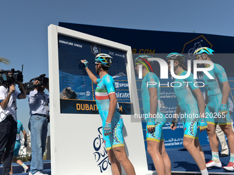 Vincenzo Natali and other members of ASTANA PRO Team from Kazakchstan during the team signature check, ahead of the opening stage of Dubai T...
